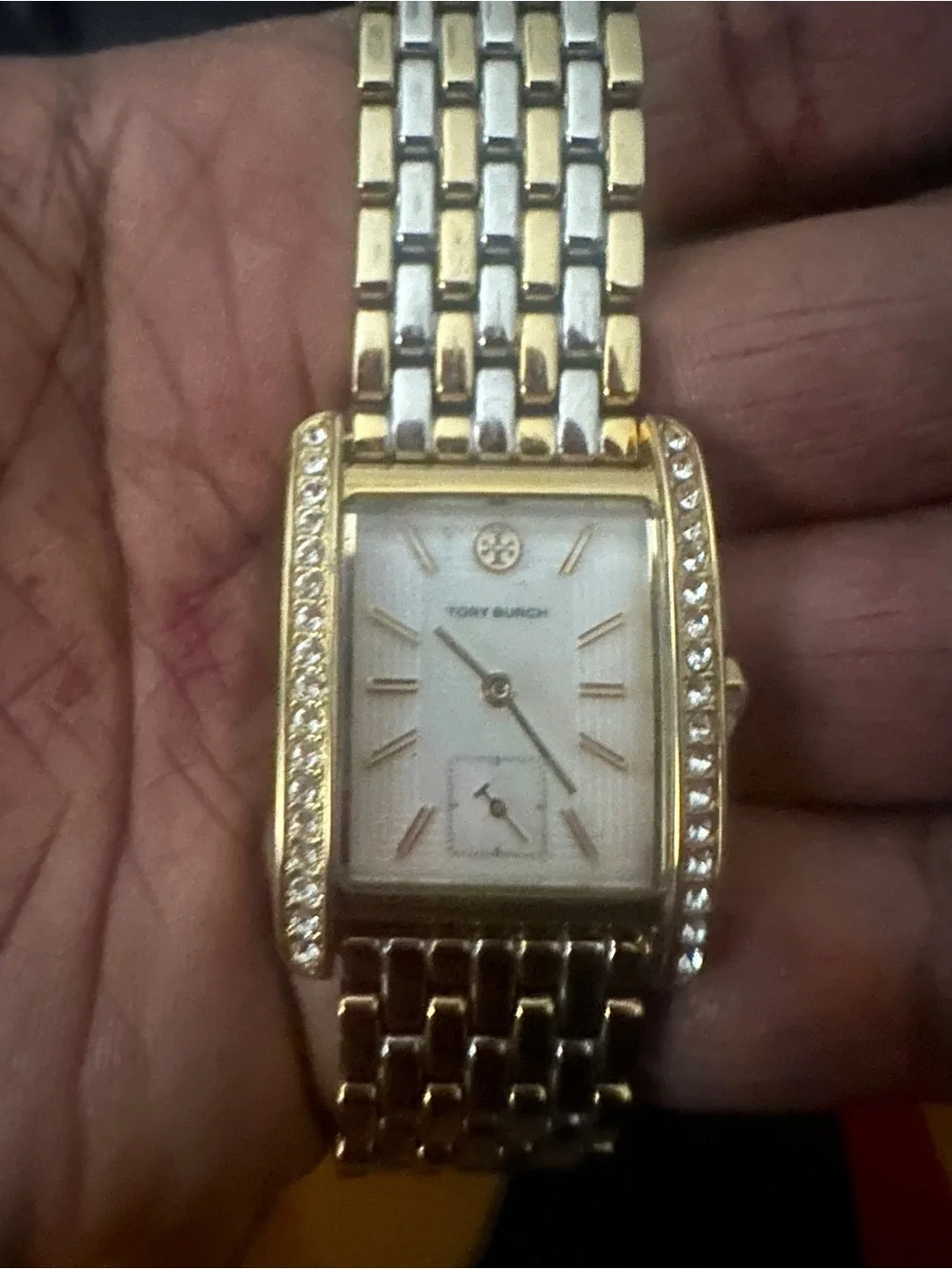 Tory Burch Two-Tone Gold and Silver Crystal-Accent Rectangular Watch